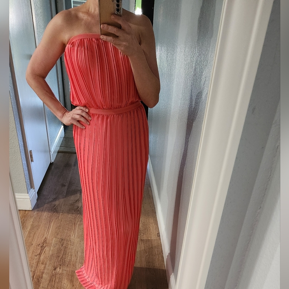 BCBGMAXAZRIA Mateo Pleated Elegant Coral Strapless Maxi Dress Size XS